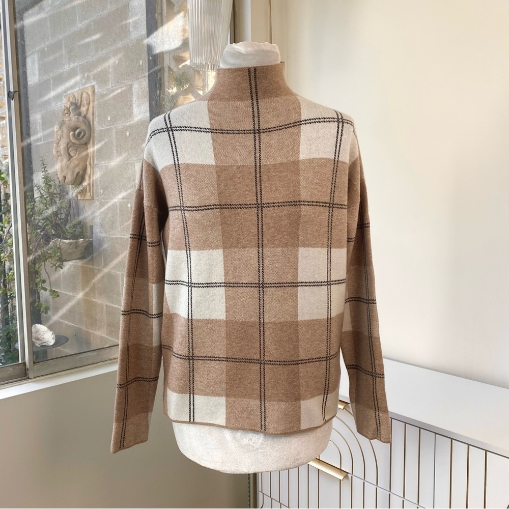 Rachel Zoe Neutral Plaid Mock Neck Sweater Cozy Winter Minimalist Knit, Size M - Picture 2 of 8